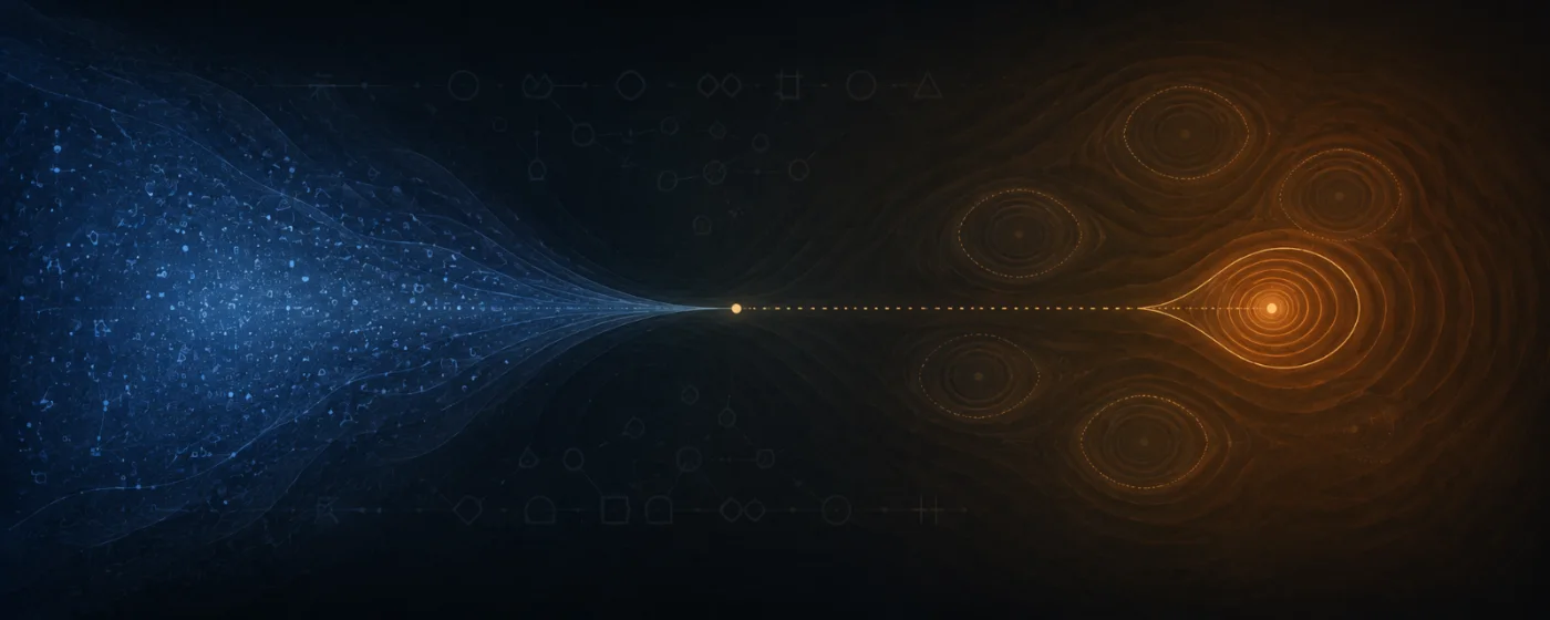 Strategic Confinement banner: a field of blue symbols narrows to a single point; beyond it, concentric orange basins with one highlighted.